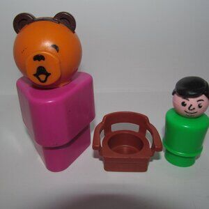 Fisher Price Little People Purple Magenta Triangle Large Bear 1984 + Chair + Man